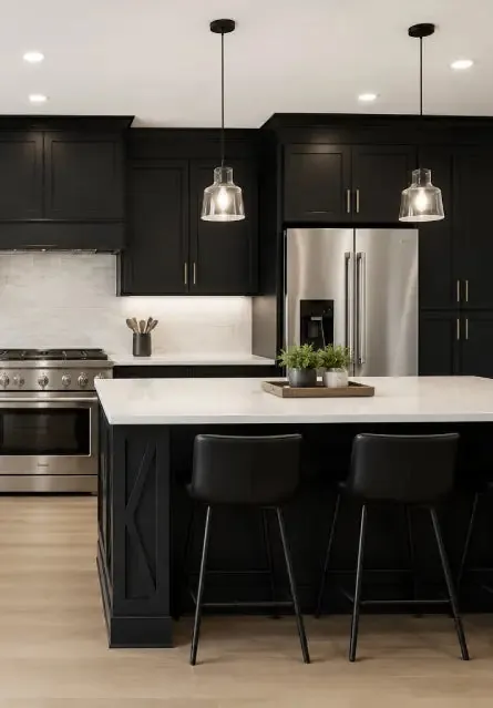 Black shaker kitchen with island seating, pendant lights, and white countertops