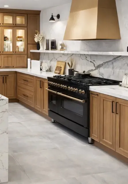 Elegant oak craftsman shaker kitchen with copper range hood and marble backsplash