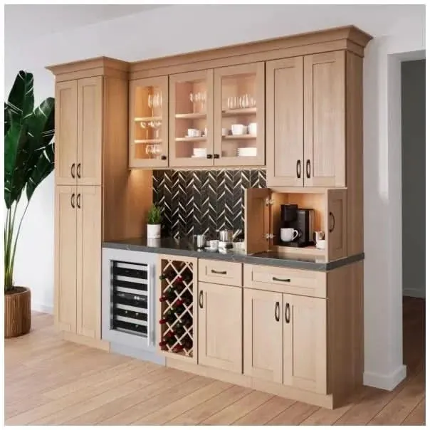 Sandstone shaker kitchen hutch with glass doors, wine rack, and coffee bar