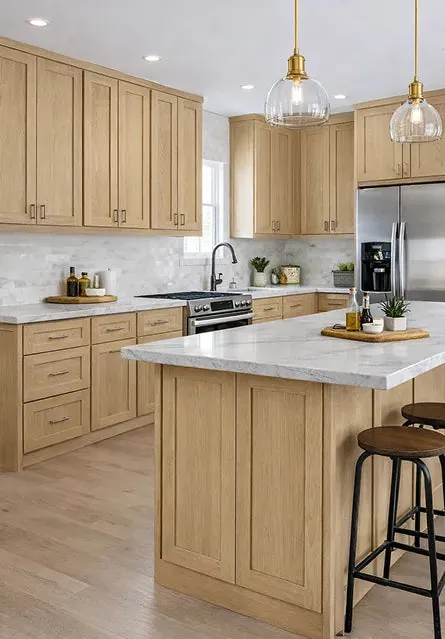 White oak shaker overlay kitchen with island and glass pendant lights